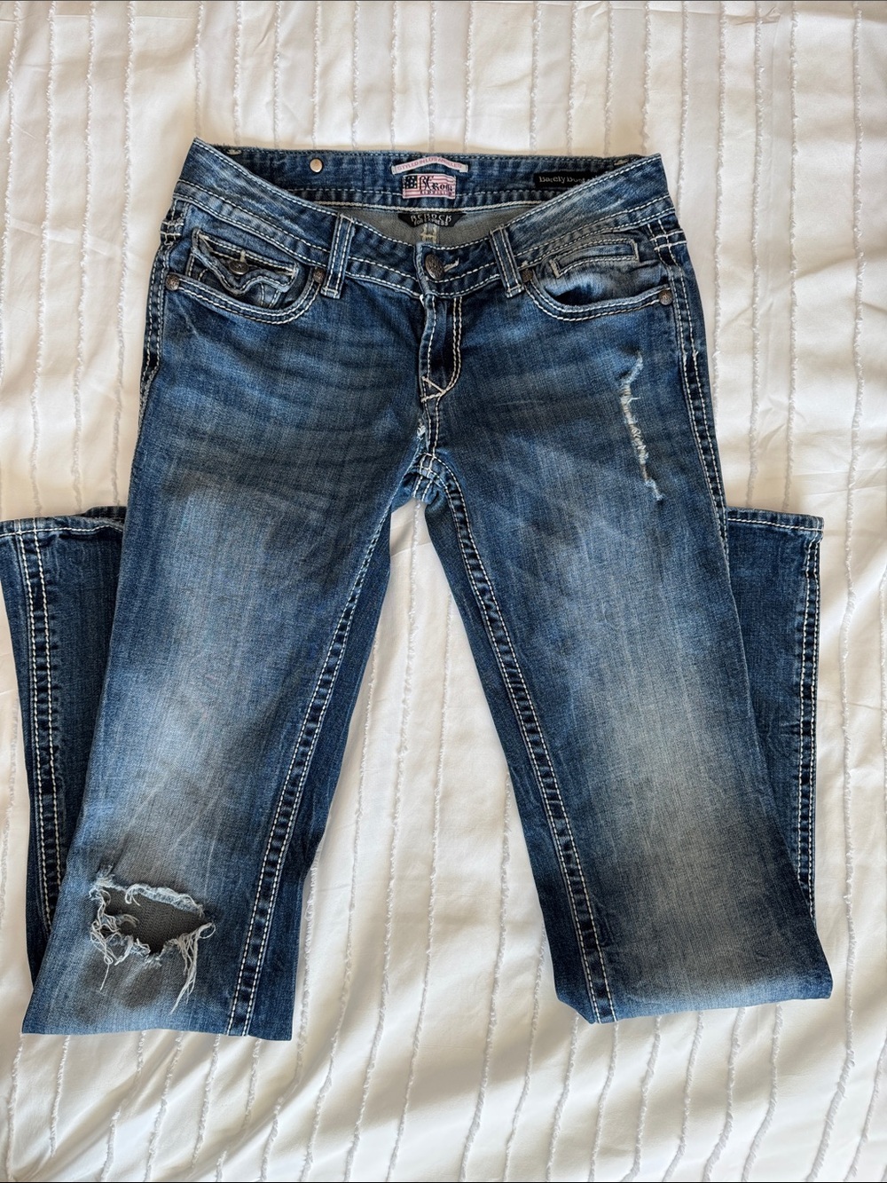 Express Jeans. ReRock for Express Womens Blue Distressed Boot Cut Jeans